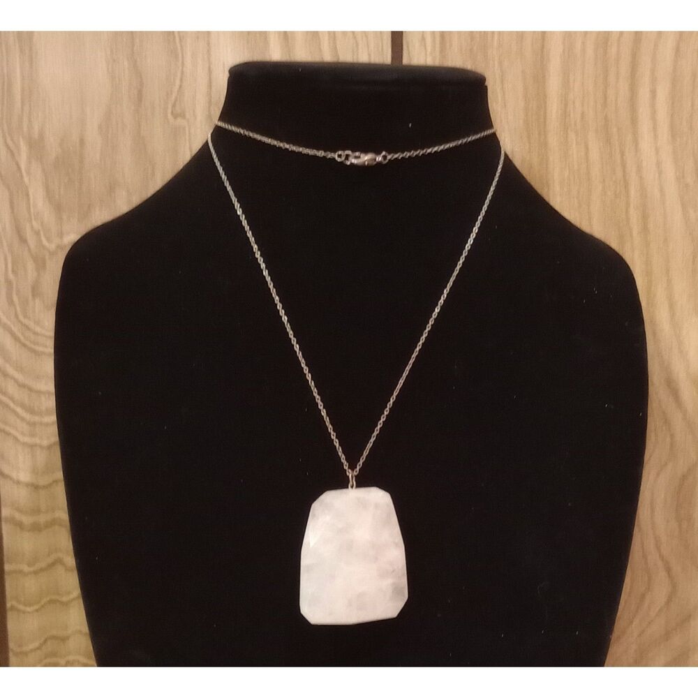 Large Natural Stone 2" Rose Quartz Pendant Silver Tone 30" Chain Necklace